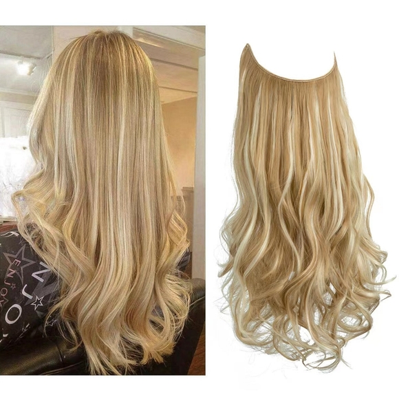 💛 Hiara Extensions Invisible Seamless Blend Halo Wavy Blonde Highlights Wig - Picture 2 of 10